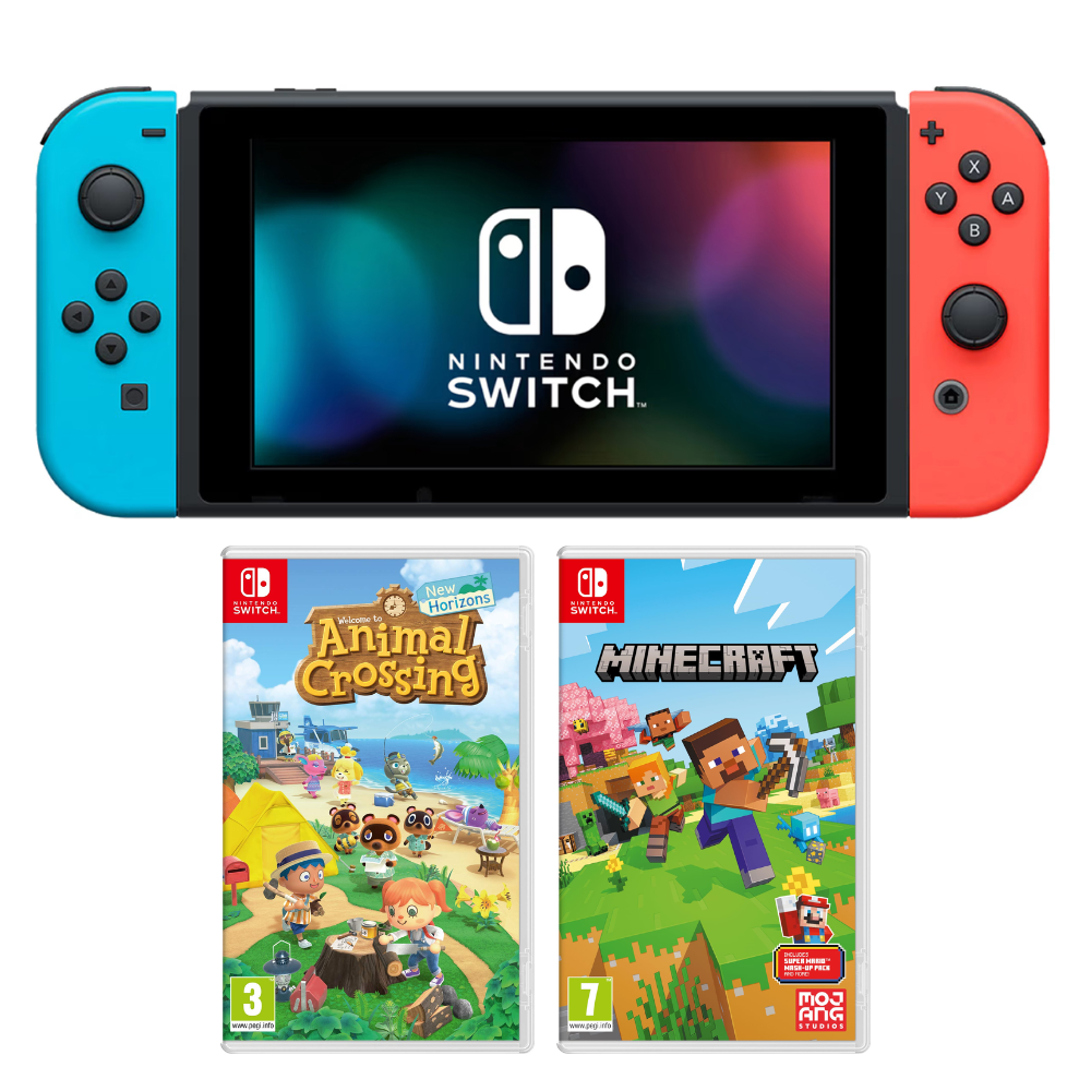 Nintendo Switch 32GB & Neon Red Blue Joy-Con Handheld Console & 2 Game Bundle (Preowned)