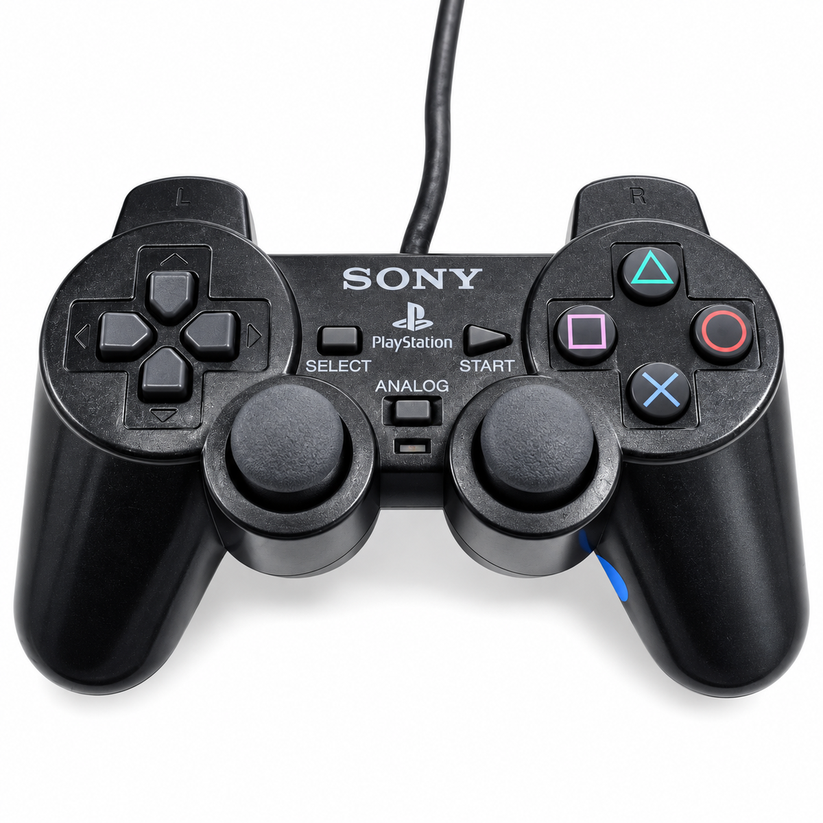 Genuine Sony PlayStation 2 DualShock 2 Black wired controller showing analogue sticks, directional pad and PlayStation buttons