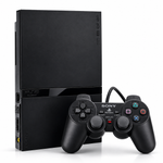 Sony PlayStation 2 Slim Black console standing vertically with a genuine Sony DualShock 2 controller in front