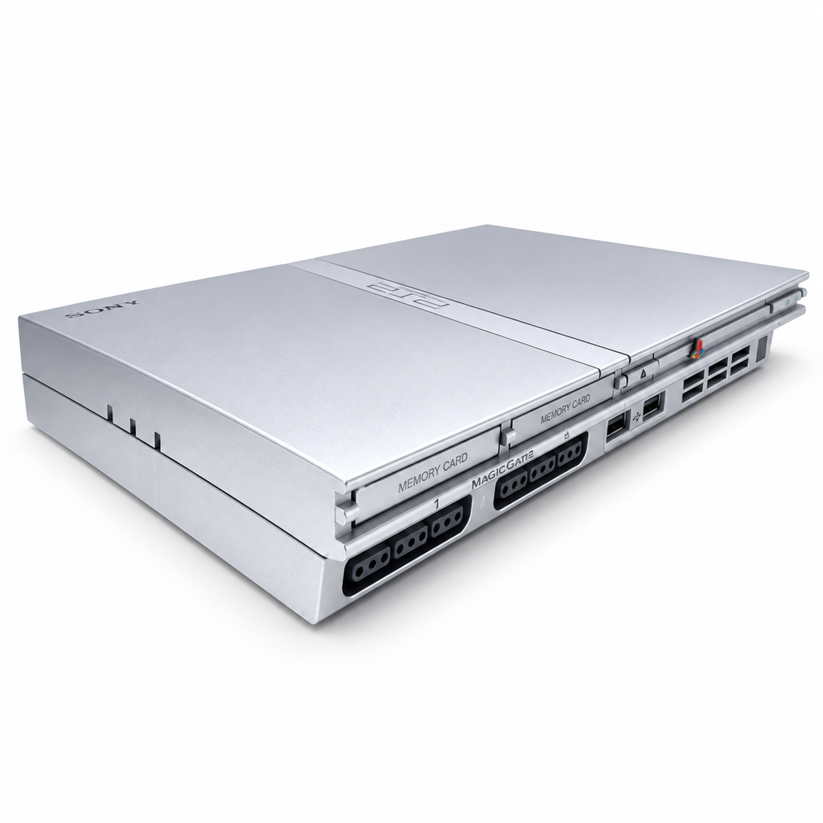Refurbished Sony PlayStation 2 PS2 Slim Silver console angled front view showing controller ports, memory card slots and USB ports