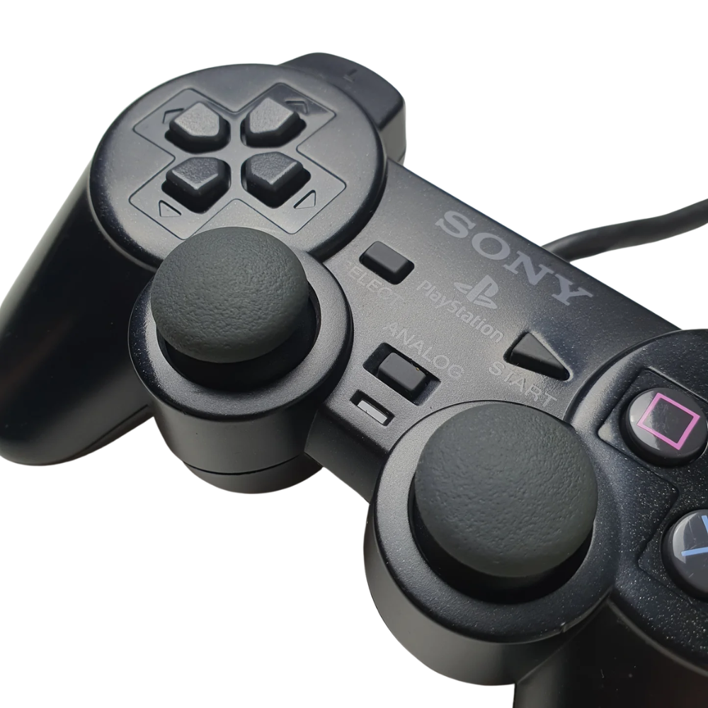 Official Sony DualShock 2 black wired controller for PlayStation 2 PS2 - close up