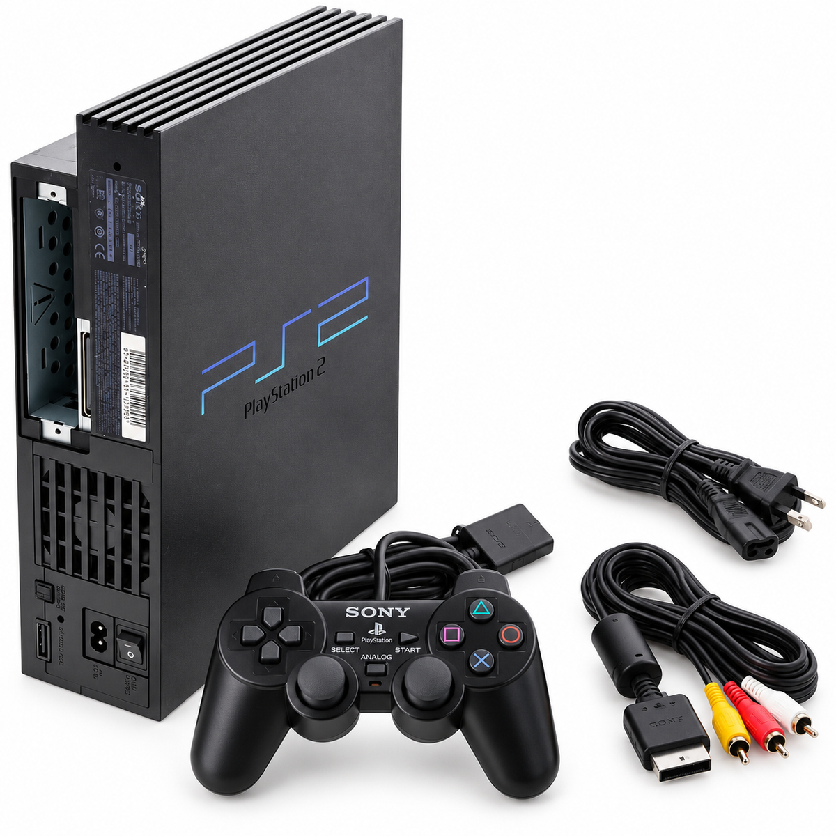 Sony PlayStation 2 PS2 original black console with official DualShock 2 controller, power cable and AV cable