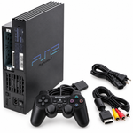 Sony PlayStation 2 PS2 original black console with official DualShock 2 controller, power cable and AV cable