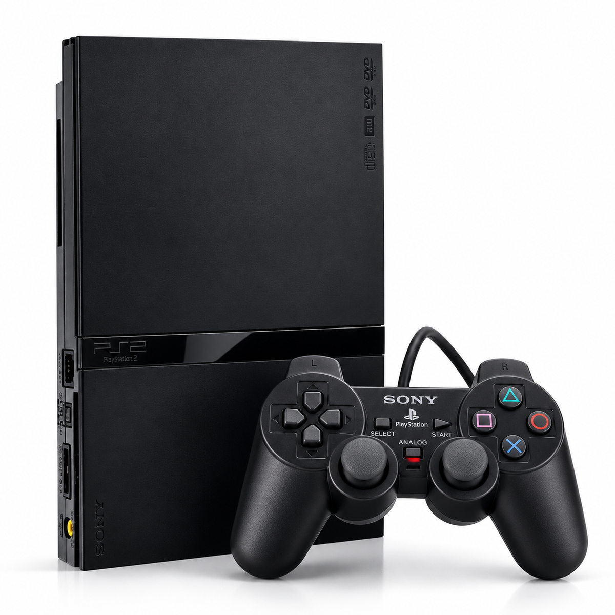 Sony PlayStation 2 Slim Black console standing vertically with a genuine Sony DualShock 2 controller in front