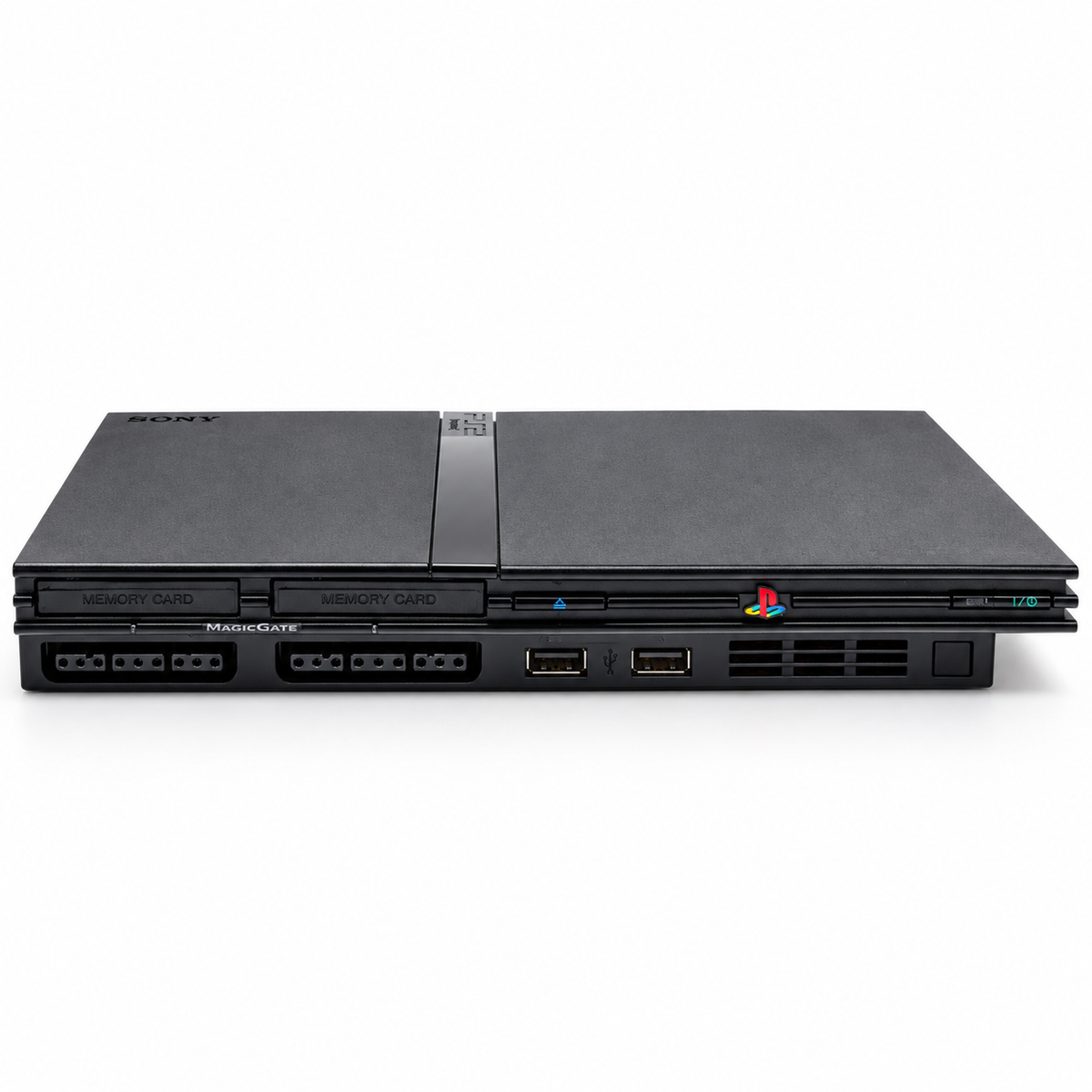 Sony PlayStation 2 Slim Black refurbished console, front view showing controller ports, memory card slots and USB connections