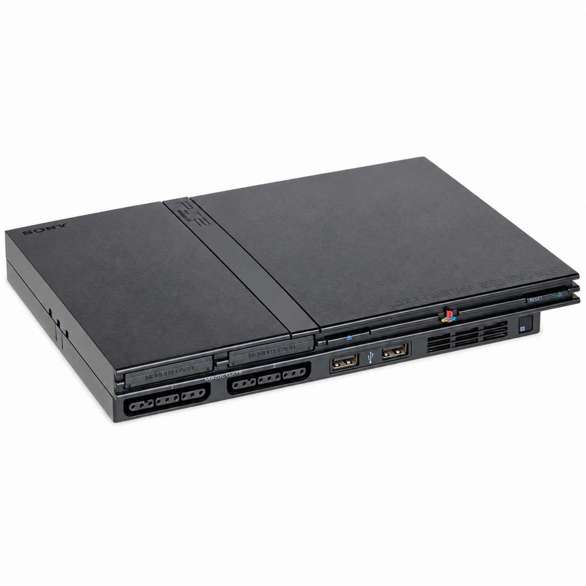 Refurbished Sony PlayStation 2 PS2 Slim Black console, front angled view on white background