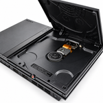Sony PS2 Slim Black console with disc lid open, showing the optical drive, laser assembly and disc spindle