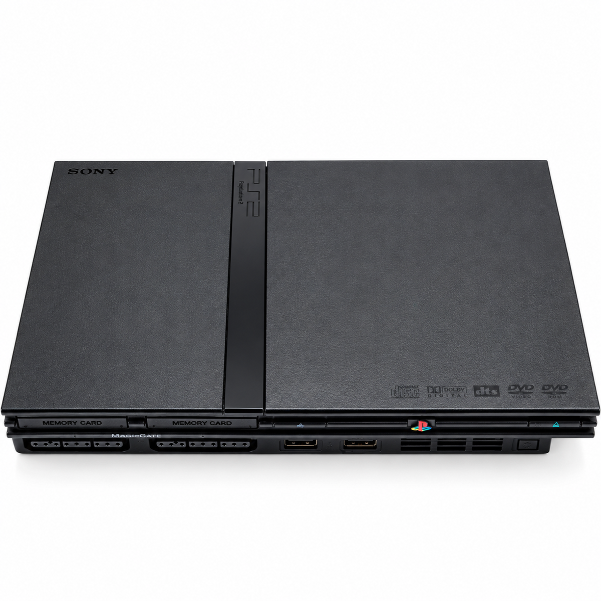 Refurbished Sony PlayStation 2 Slim Black console showing the top casing, front controller ports and memory card slots
