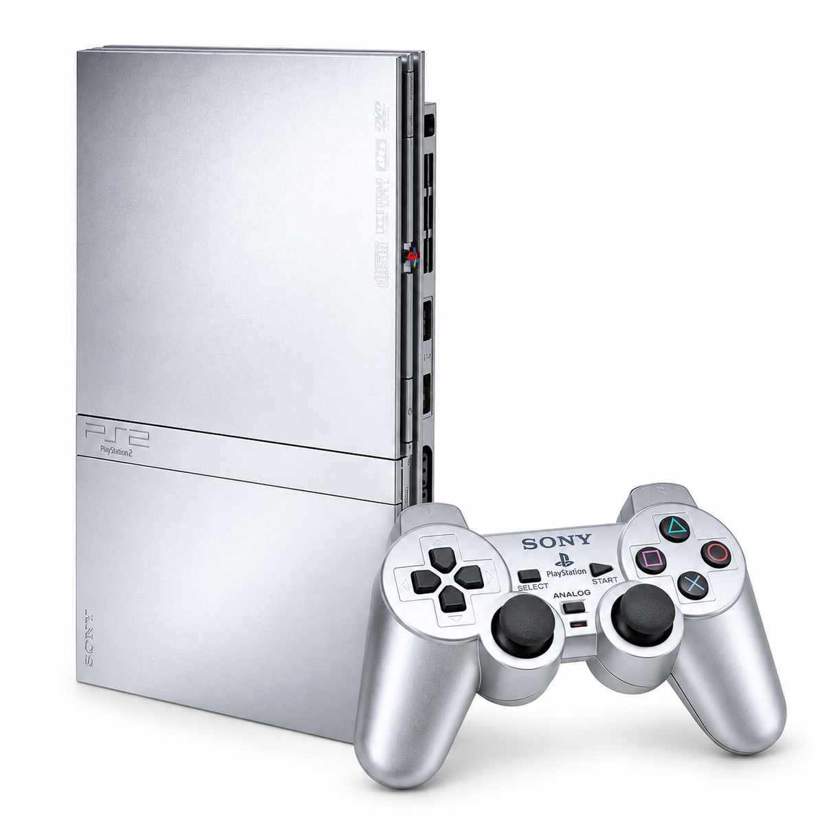 Sony PlayStation 2 PS2 Slim silver console with official Sony DualShock 2 controller