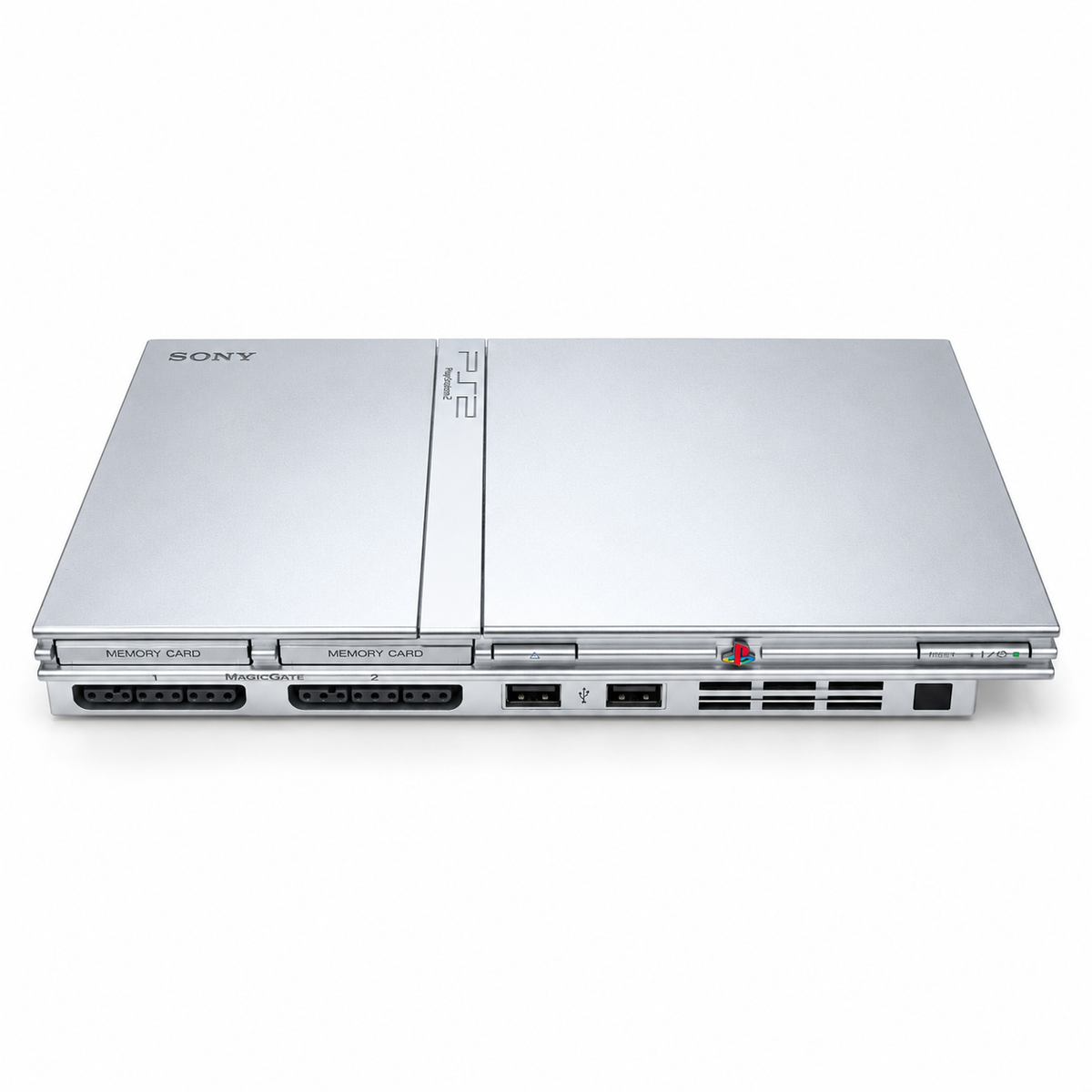 Refurbished Sony PlayStation 2 PS2 Slim Silver console front view showing controller ports and USB ports