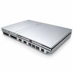 Refurbished Sony PlayStation 2 PS2 Slim Silver console from right front angle showing controller ports, USB ports and power controls